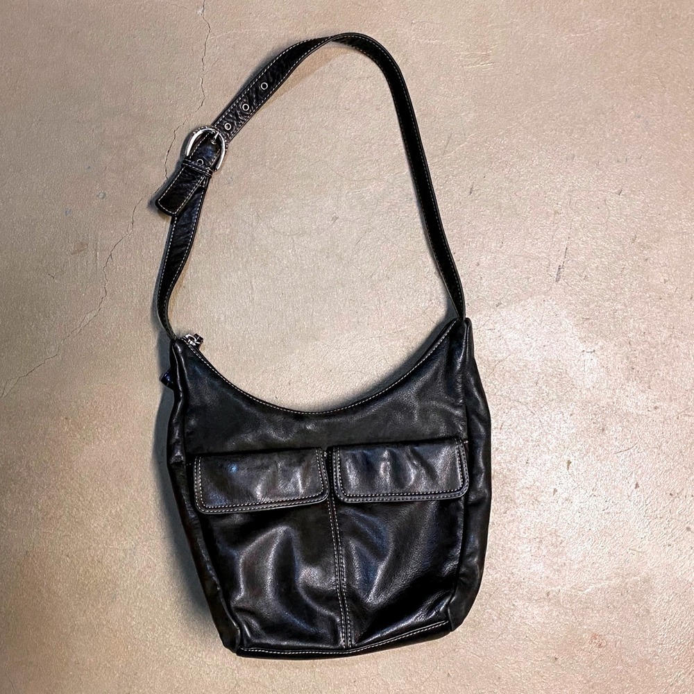 Stone Mountain Black Leather Hobo Shoulder Bag Contrast Stitch Flap‎ Pockets